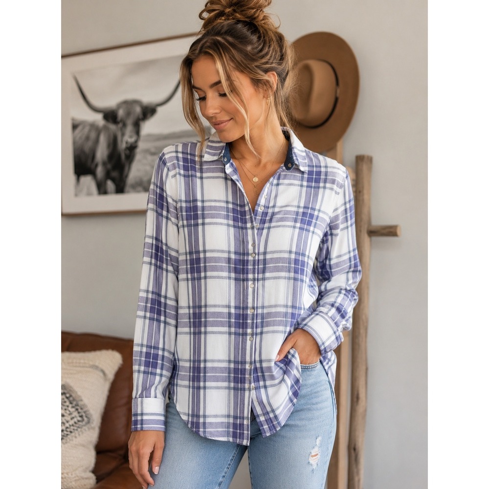Jachs Girlfriend Blue White Plaid Pearl Snap Shirt Size S Western Boyfriend
